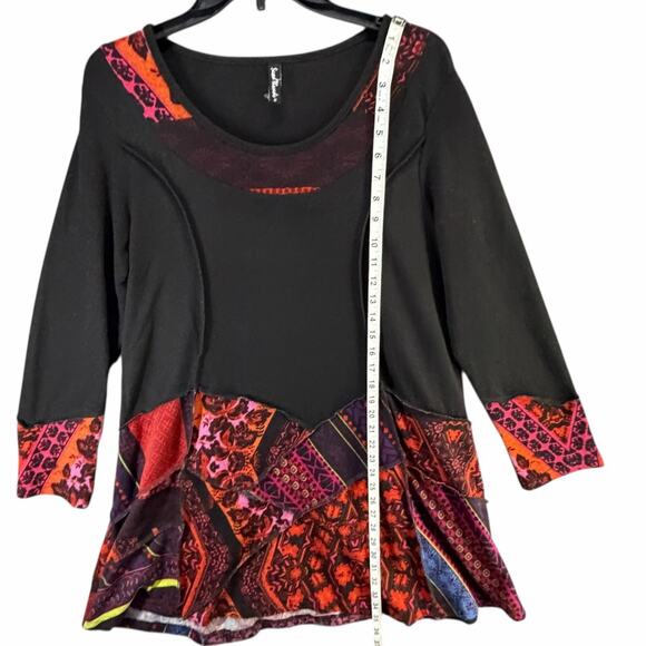 Sacred Threads Tunic Top M Black Orange Patchwork Festival Art To Wear Lagenlook - Picture 8 of 16